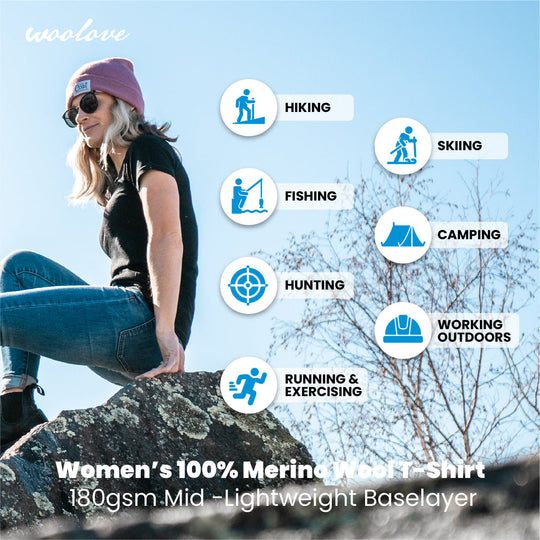 Women's 100% Merino Wool Short Sleeve T-Shirt 180 GSM - Lightweight