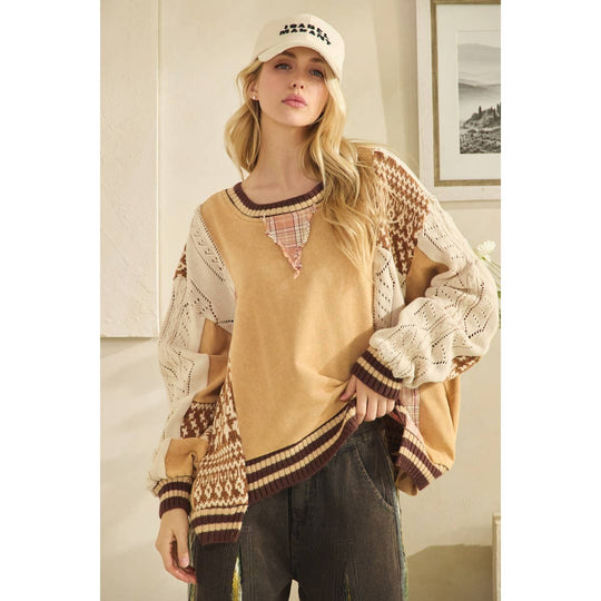 Mineral Washed - Mixed Media Oversized Cotton Knit Top