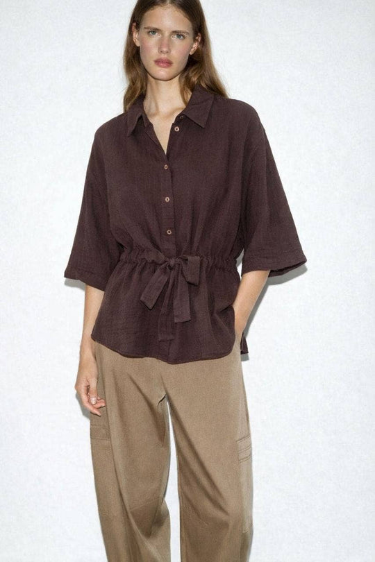 Drawstring Waist Muslin Summer Shirt