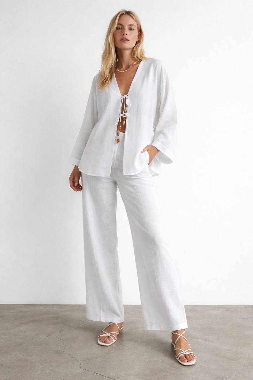 Tie-Front Tunic and Wide-Leg Pant Set in Cotton/Linen Blend