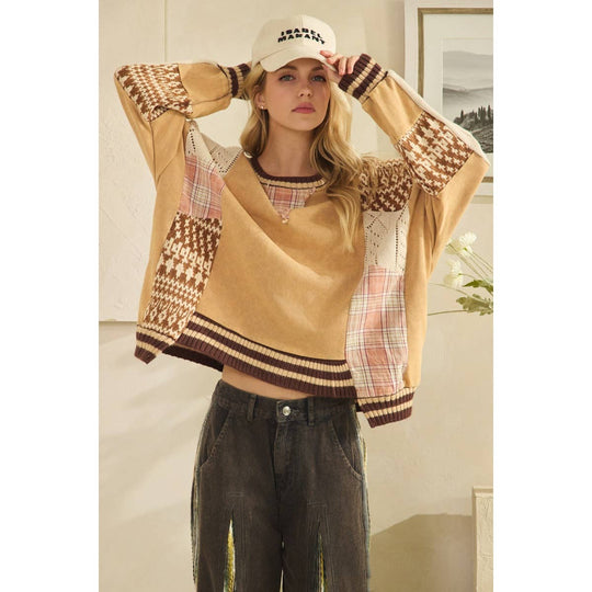 Mineral Washed - Mixed Media Oversized Cotton Knit Top