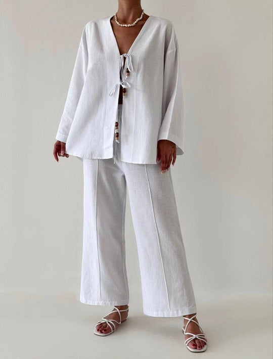 Tie-Front Tunic and Wide-Leg Pant Set in Cotton/Linen Blend