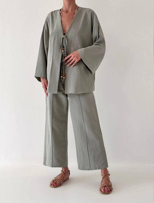 Tie-Front Tunic and Wide-Leg Pant Set in Cotton/Linen Blend