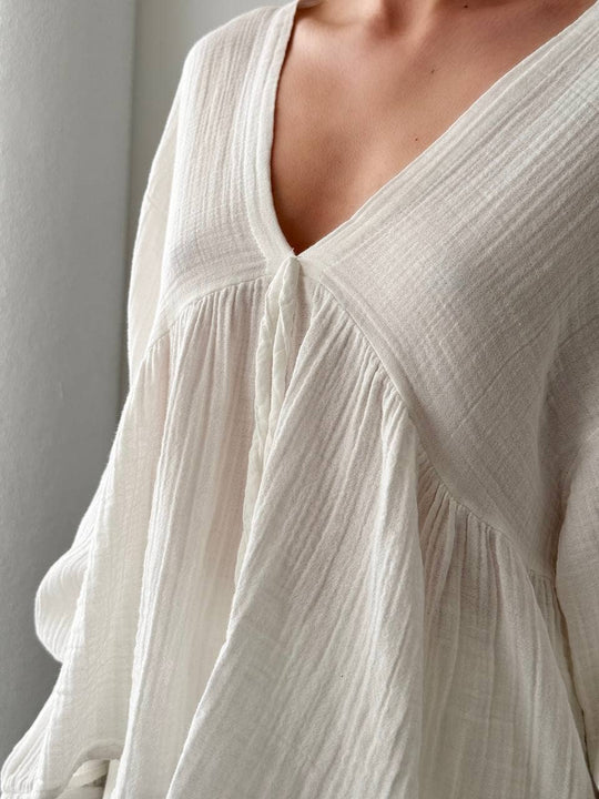 V-neck Muslin Relaxed Top with Romantic Long Sleeves