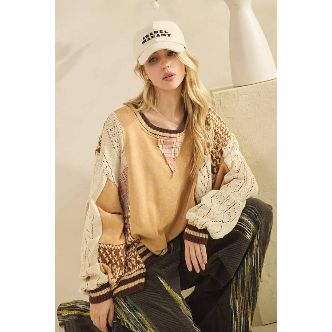 Mineral Washed - Mixed Media Oversized Cotton Knit Top