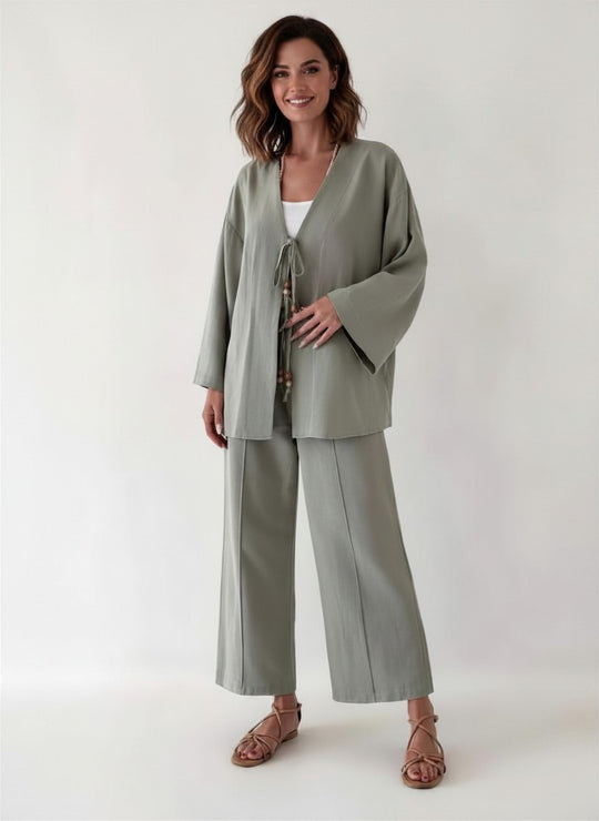 Tie-Front Tunic and Wide-Leg Pant Set in Cotton/Linen Blend