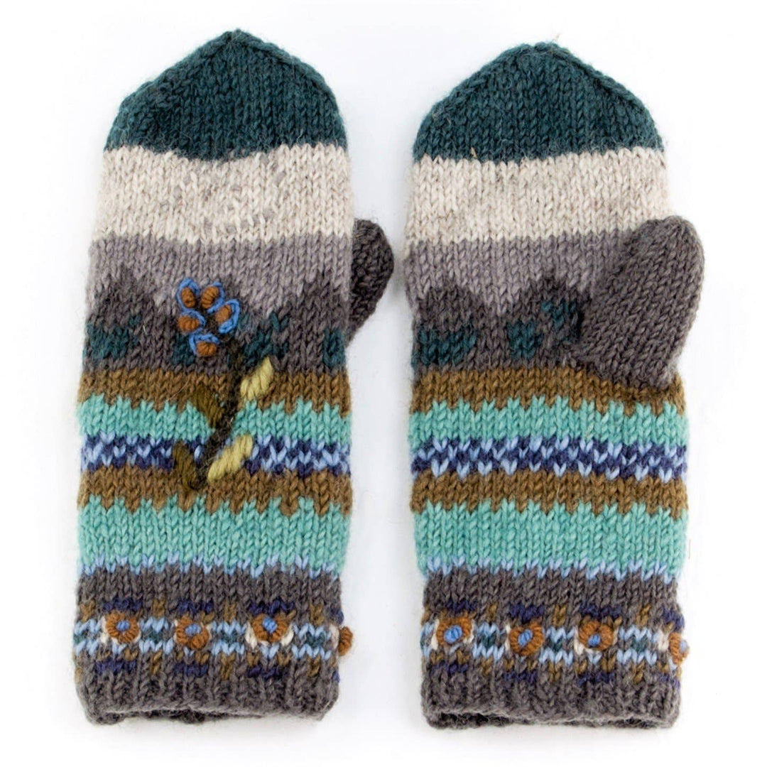 Chloe Wool Mittens – Embroidered Floral Design