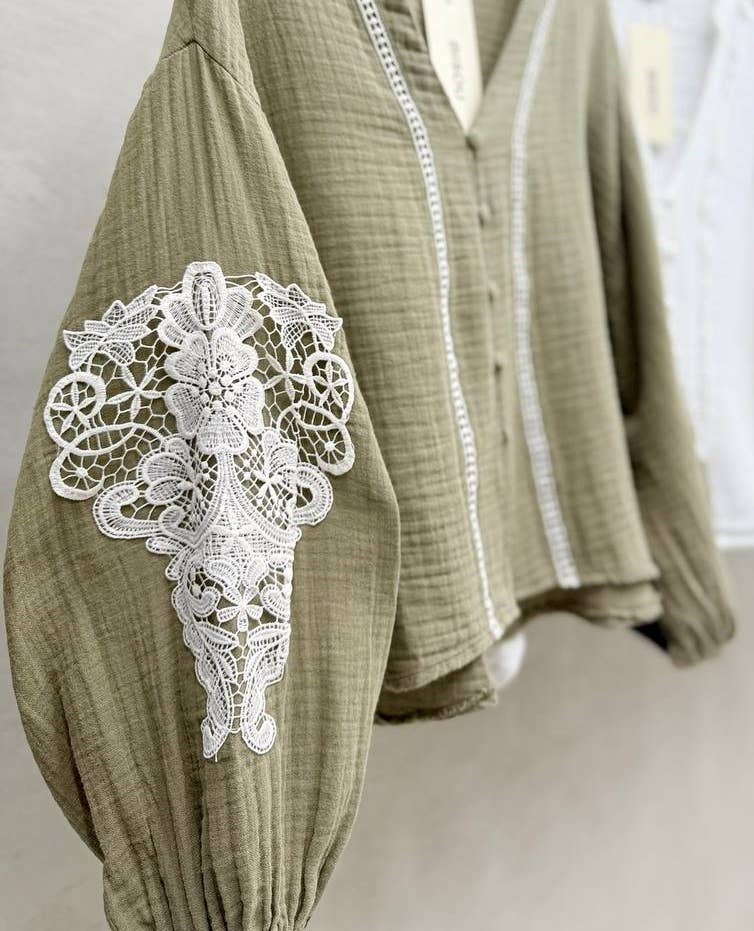 Laced Bishop Sleeve Muslin Blouse