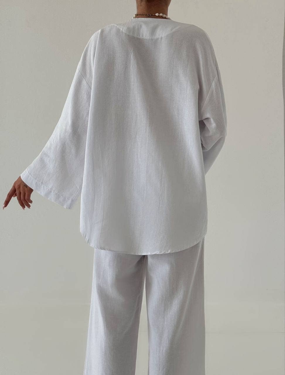Tie-Front Tunic and Wide-Leg Pant Set in Cotton/Linen Blend
