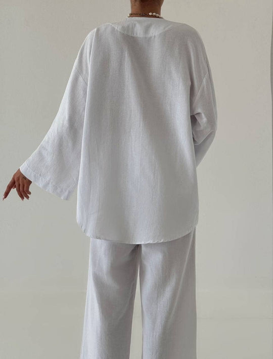 Tie-Front Tunic and Wide-Leg Pant Set in Cotton/Linen Blend