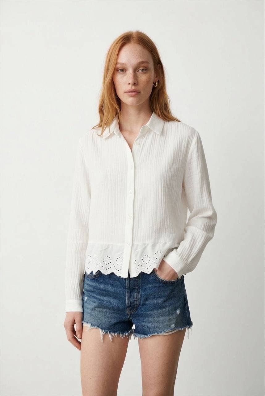 Muslin Spring Shirt with Eyelet Trim
