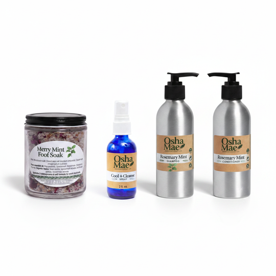 Merry Mint Foot Soak, Cool & Cleanse Spray, and Rosemary Mint Hair Shampoo & Conditioner bundle