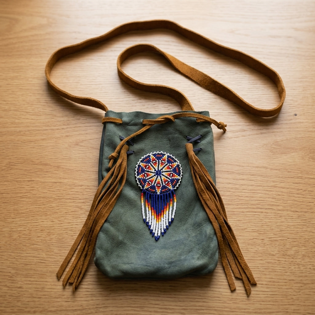 Beaded Suede Phone Pouch ~ Sage &amp; Fringe Rosette