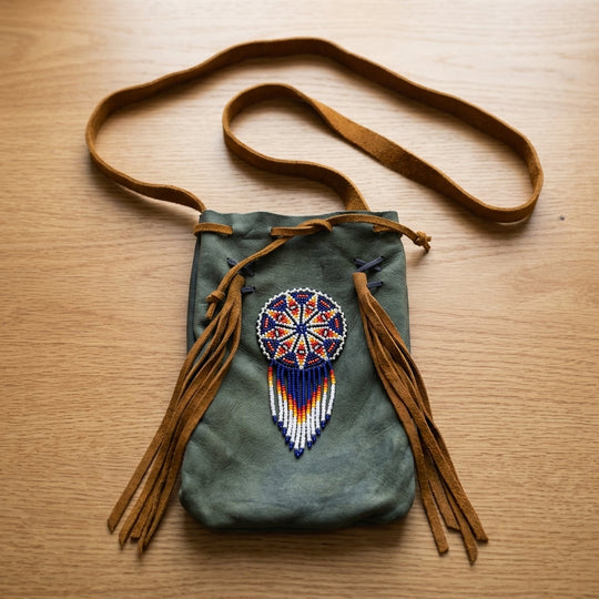 Beaded Suede Phone Pouch ~ Sage &amp; Fringe Rosette