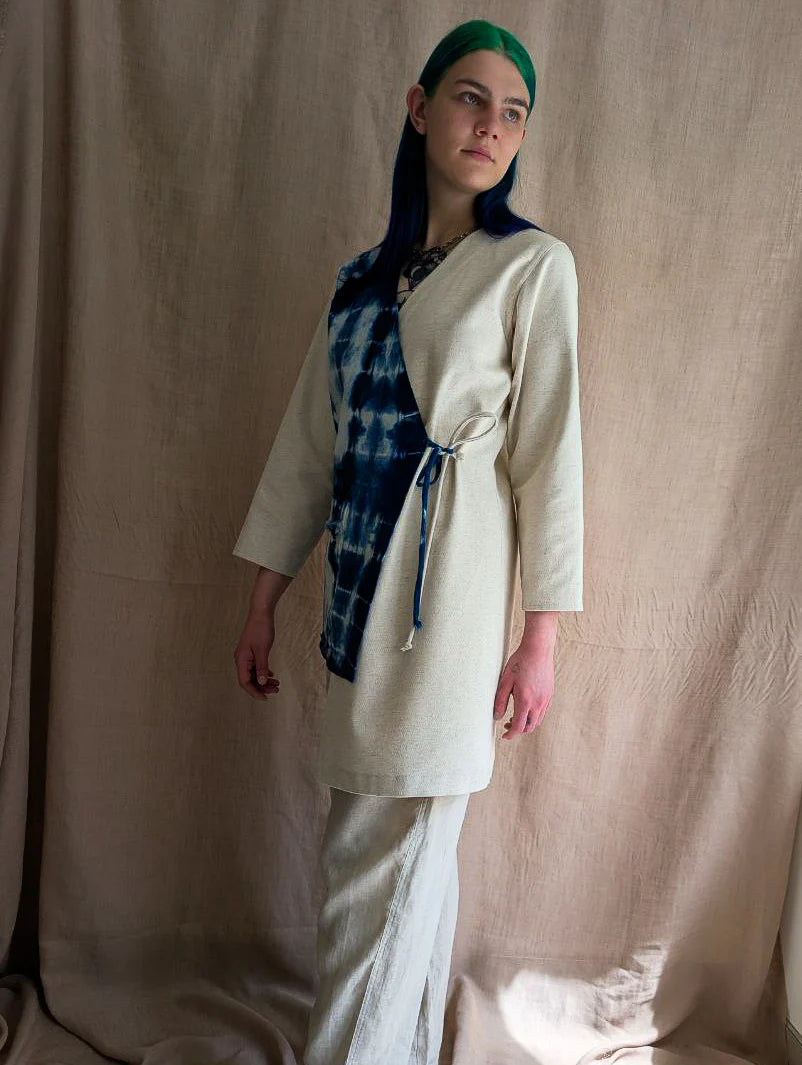 Asymmetrical Linen Wrap Jacket in Indigo Shibori & Ivory