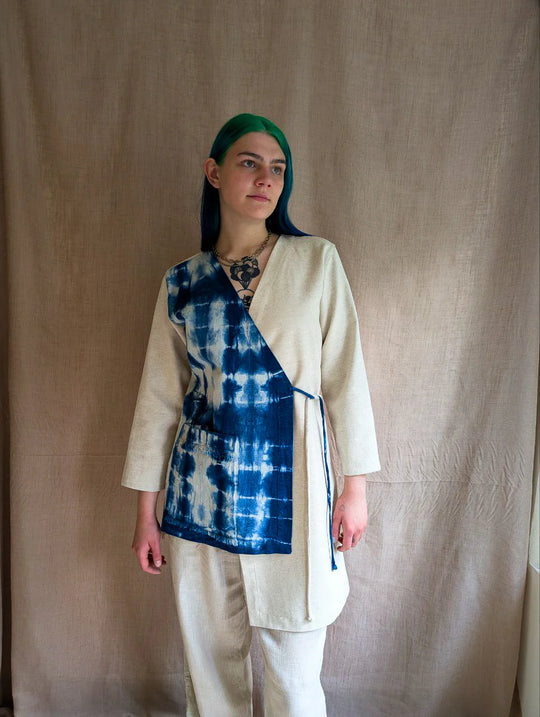 Asymmetrical Linen Wrap Jacket in Indigo Shibori & Ivory