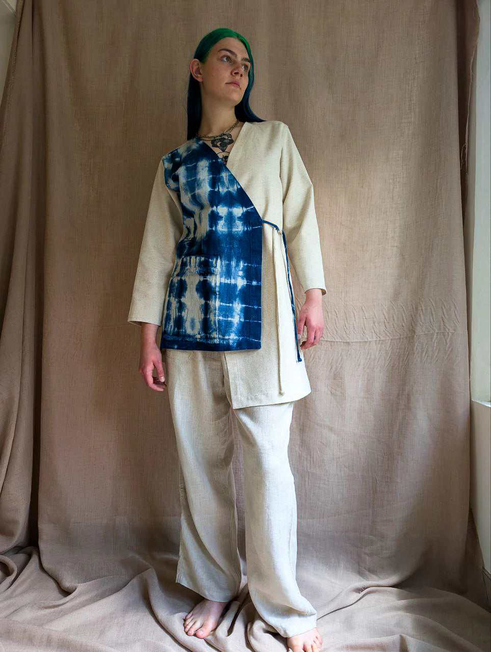 Asymmetrical Linen Wrap Jacket in Indigo Shibori & Ivory