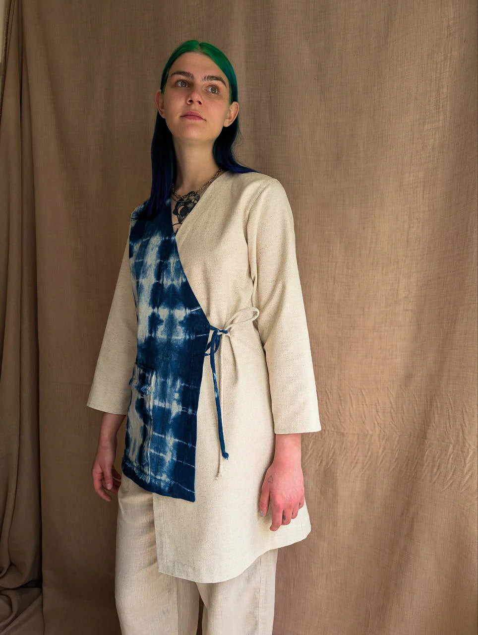 Asymmetrical Linen Wrap Jacket in Indigo Shibori & Ivory