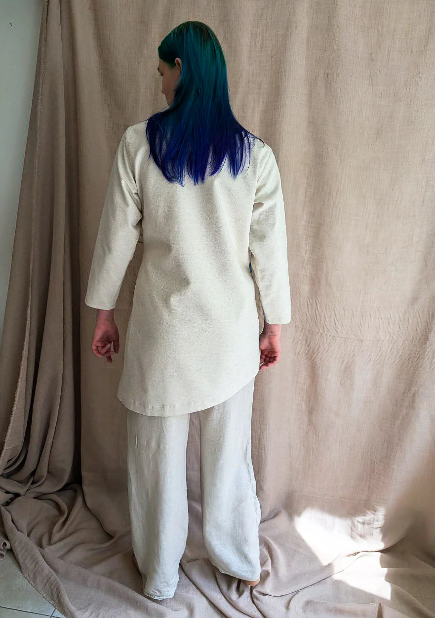 Asymmetrical Linen Wrap Jacket in Indigo Shibori & Ivory