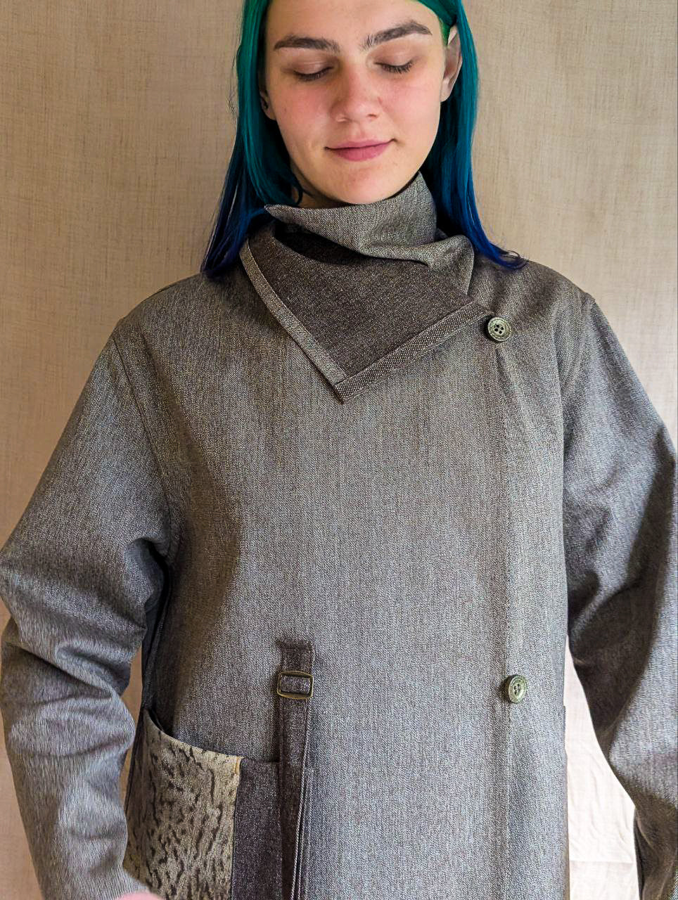 Grey Italian Wool Coat with Leather Patch Pocket