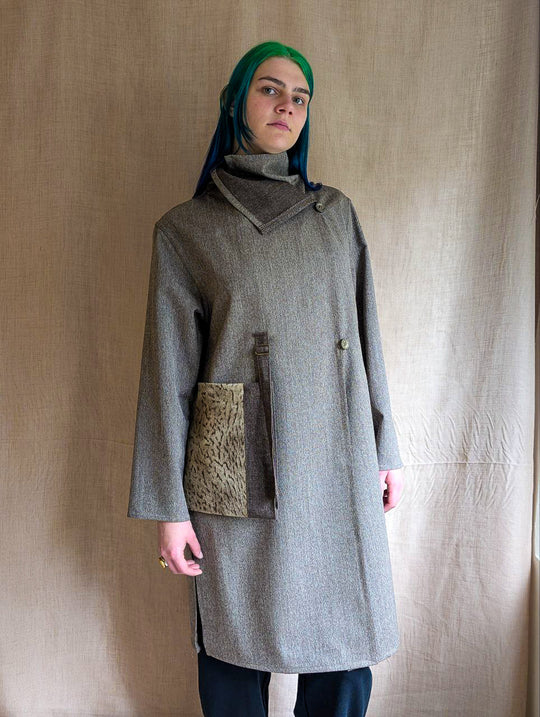 Grey Italian Wool Coat with Leather Patch Pocket