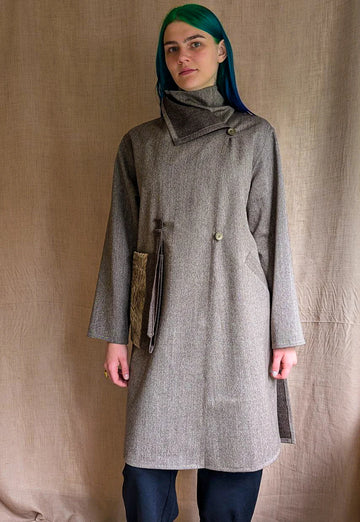 Grey Italian Wool Coat with Leather Patch Pocket