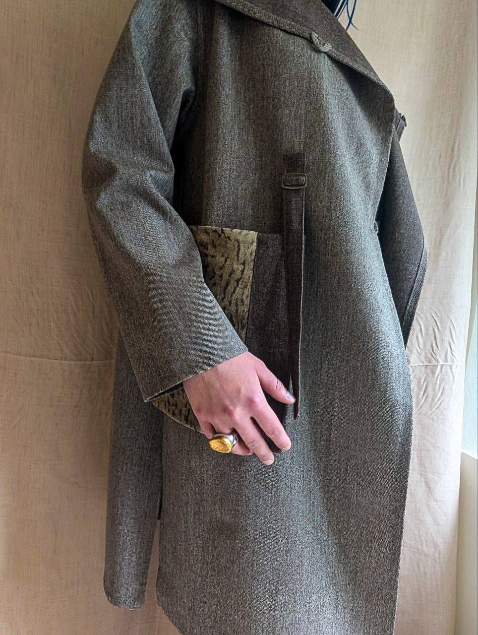 Grey Italian Wool Coat with Leather Patch Pocket