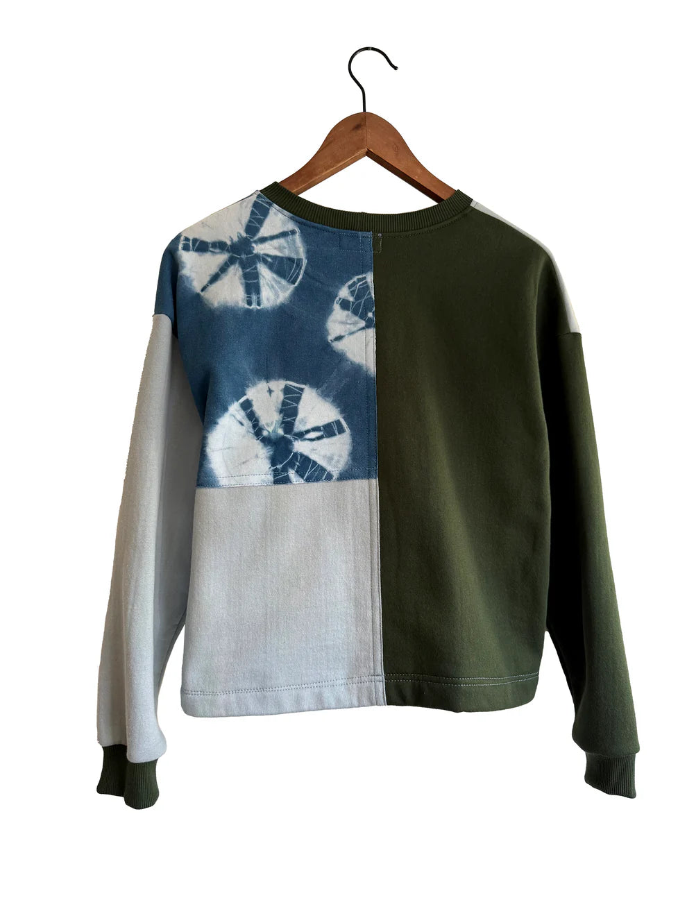 Cropped Patchwork Sweater/100% Cotton Fleece in Moss & Indigo