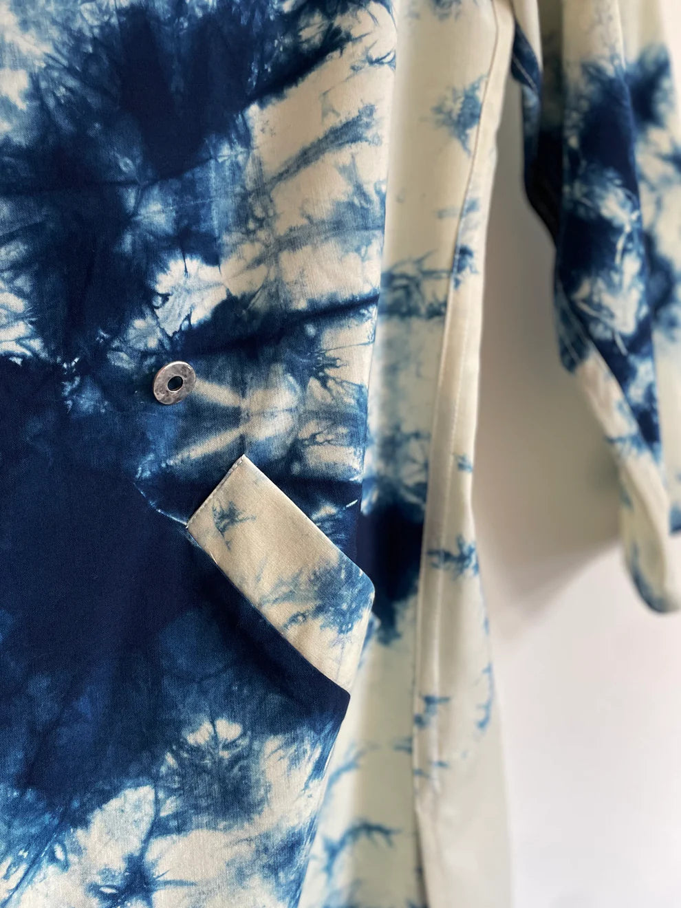 Cream & Indigo Wool Waterfall Coat w/Organic Indigo Splashes