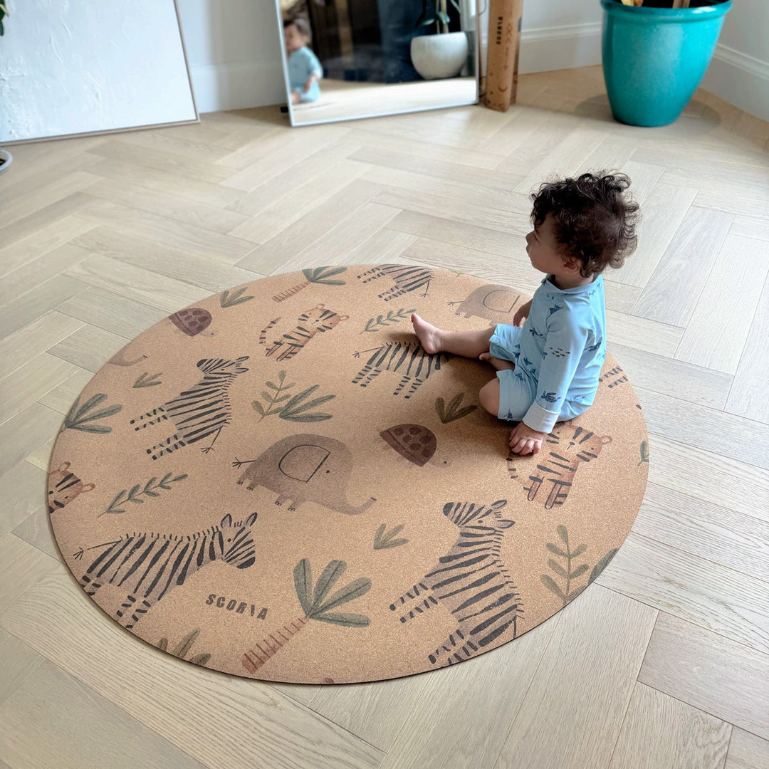 Jungle Adventure Round Baby Cork Mat | Play, Yoga &amp; Stretch | 47" dia