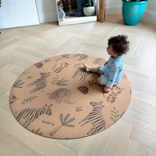 Jungle Adventure Round Baby Cork Mat | Play, Yoga &amp; Stretch | 47" dia