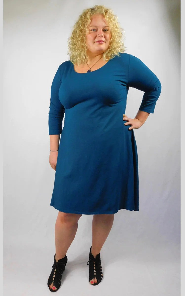 Hemp/Organic Cotton fitted Dress 3/4 sleeve in Morrocan Blue