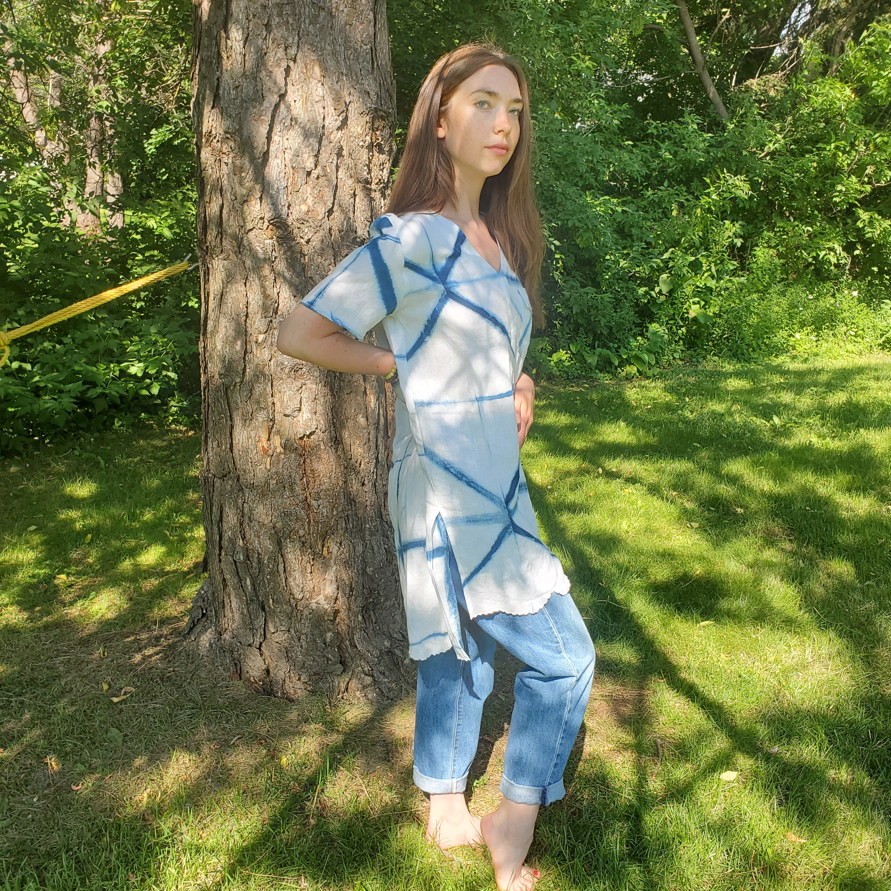 Linen Itajime Shirt Dress with Triangles