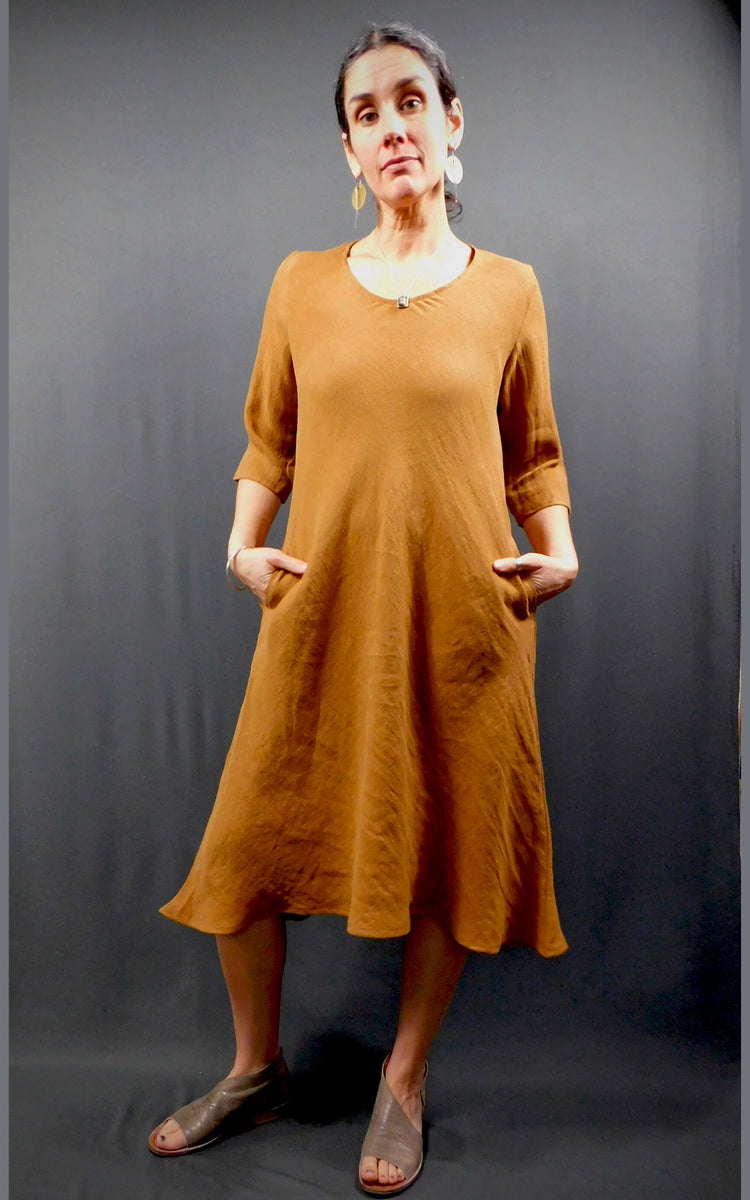 100% LINEN - bias cut 3/4 sleeve Dress w/pockets in Caramel