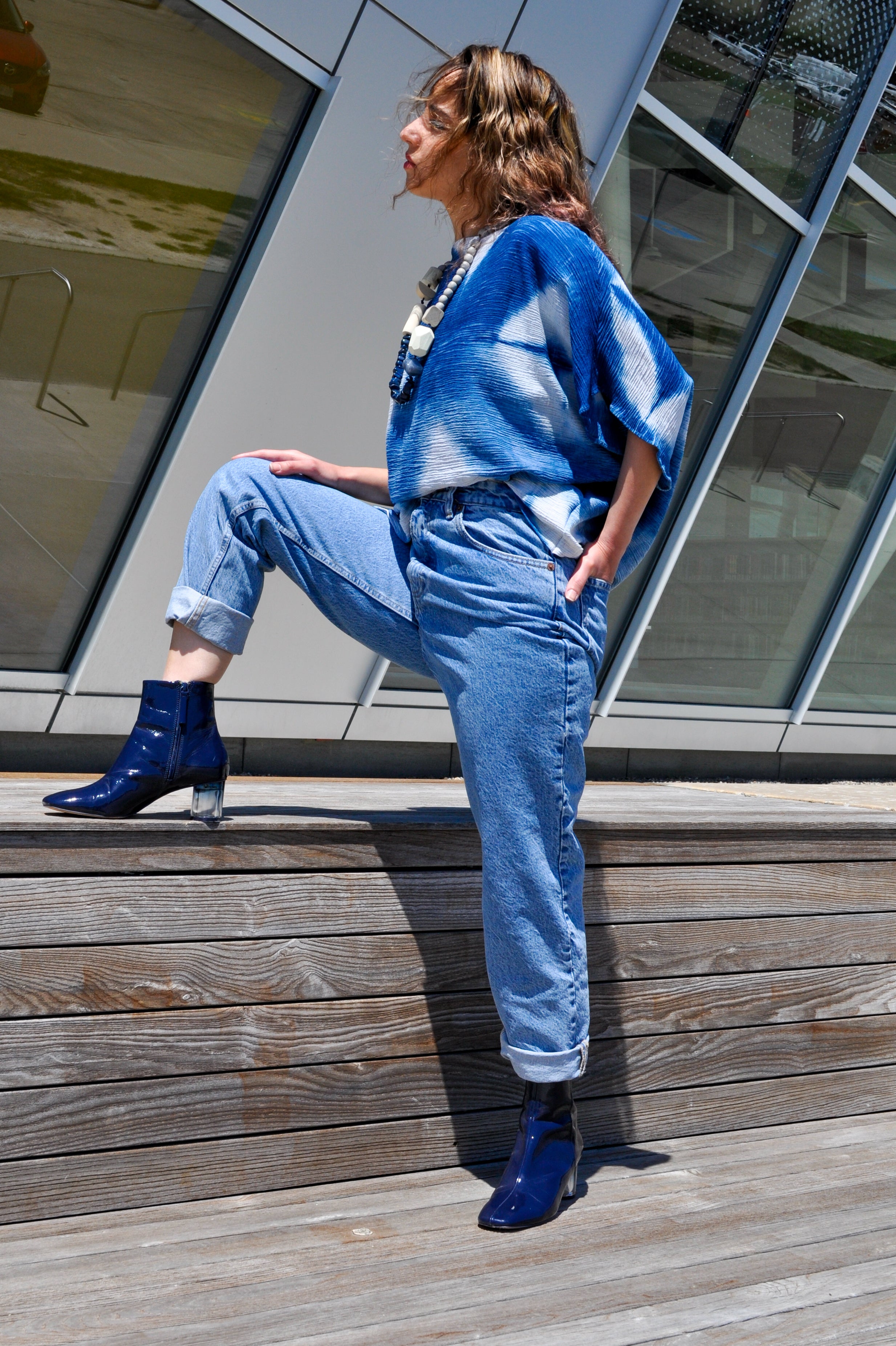 Linen Boxy Blouse in Indigo Starflower and Oat