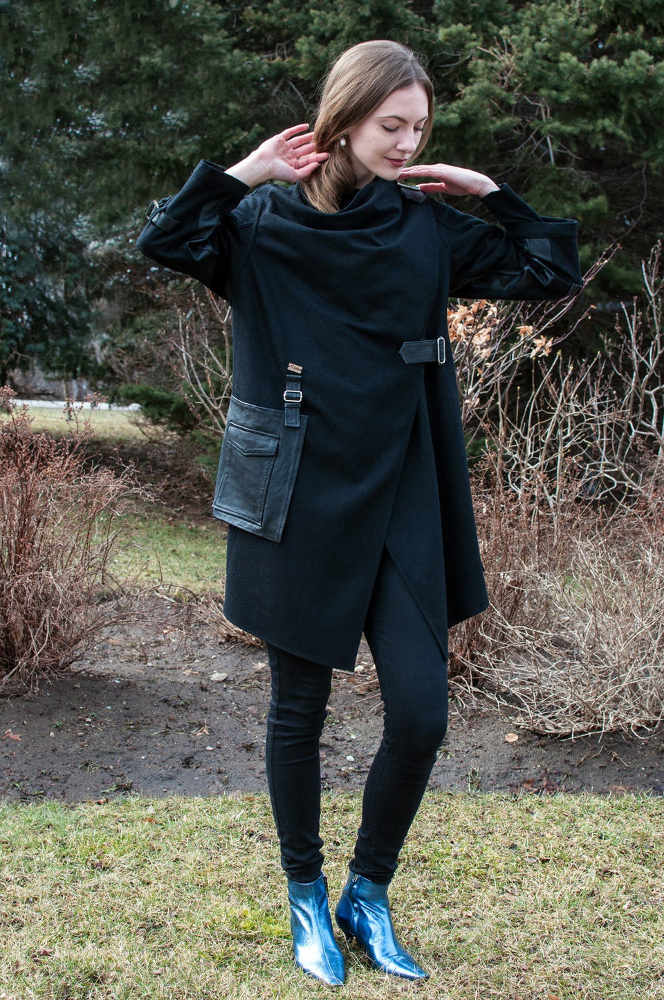 Black Wool Oversized Coat w/wraparound Collar and Leather Details