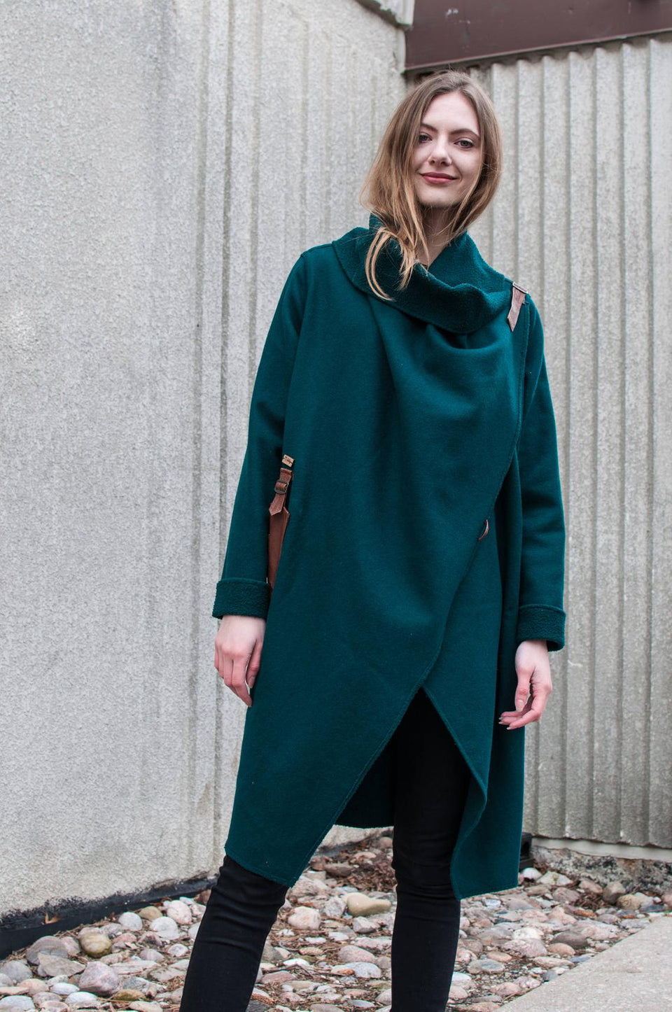 Dark Green Wool Coat w/wraparound Collar