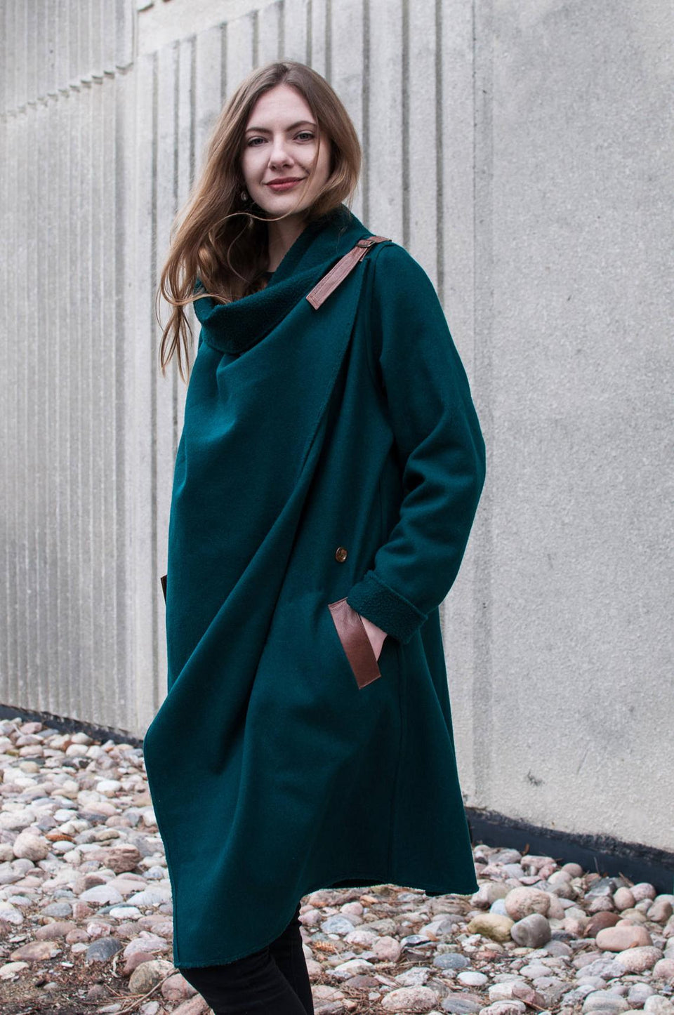 Dark Green Wool Coat w/wraparound Collar
