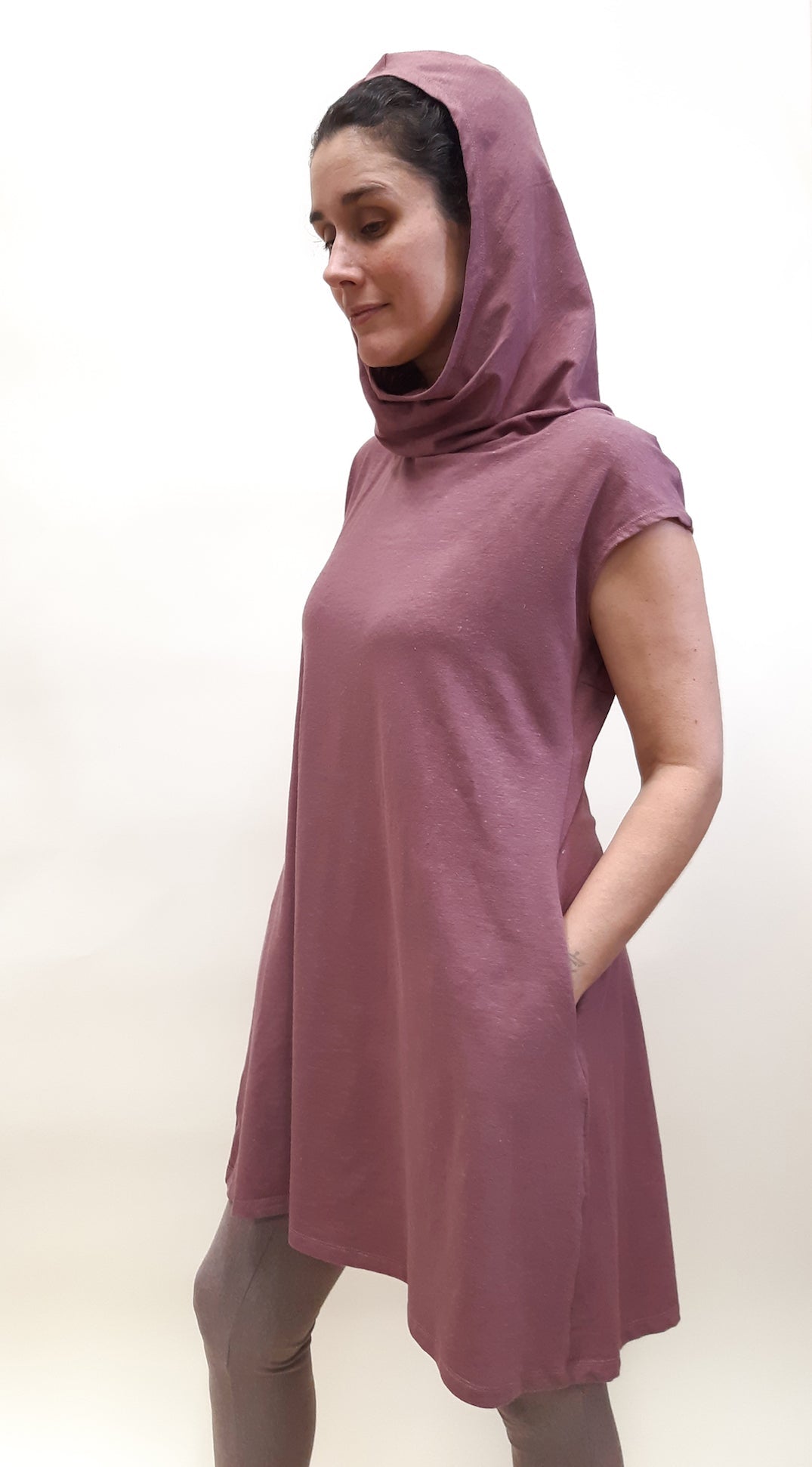 Hemp Organic Cotton Cap Sleeve Hooded Tunic ROSE BROWN - Naturally Canada
