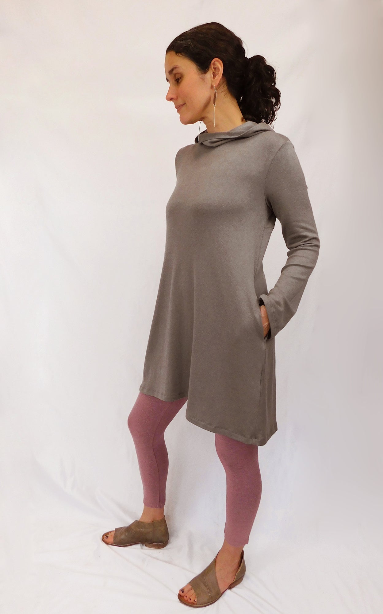Modal Cotton Spring Sweater Tunic w/Hood & Pockets - Mink - Naturally Canada